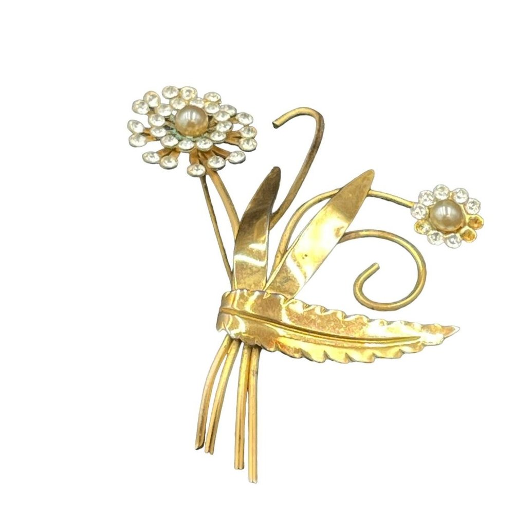 Vintage 1940s Pearls Rhinestone Gold Tone Brooch Pin Missing Some Stones 4”